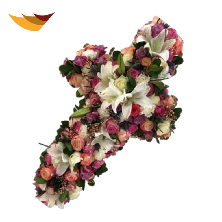 CRUZ DE ROSAS, LIRIOS Y HORTENCIAS DE 70 CMS